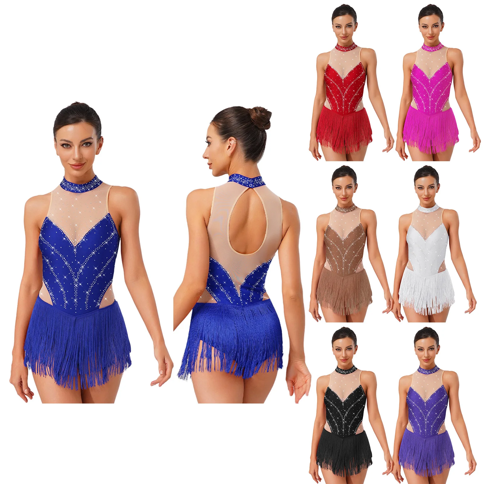 فستان نسائي بدون أكمام مزين بالترتر وشرابة يوتار بدلة رقص لاتينية لقاعة رقص الجاز رومبا تشا تشا تانجو سامبا للتزلج والجمباز #2