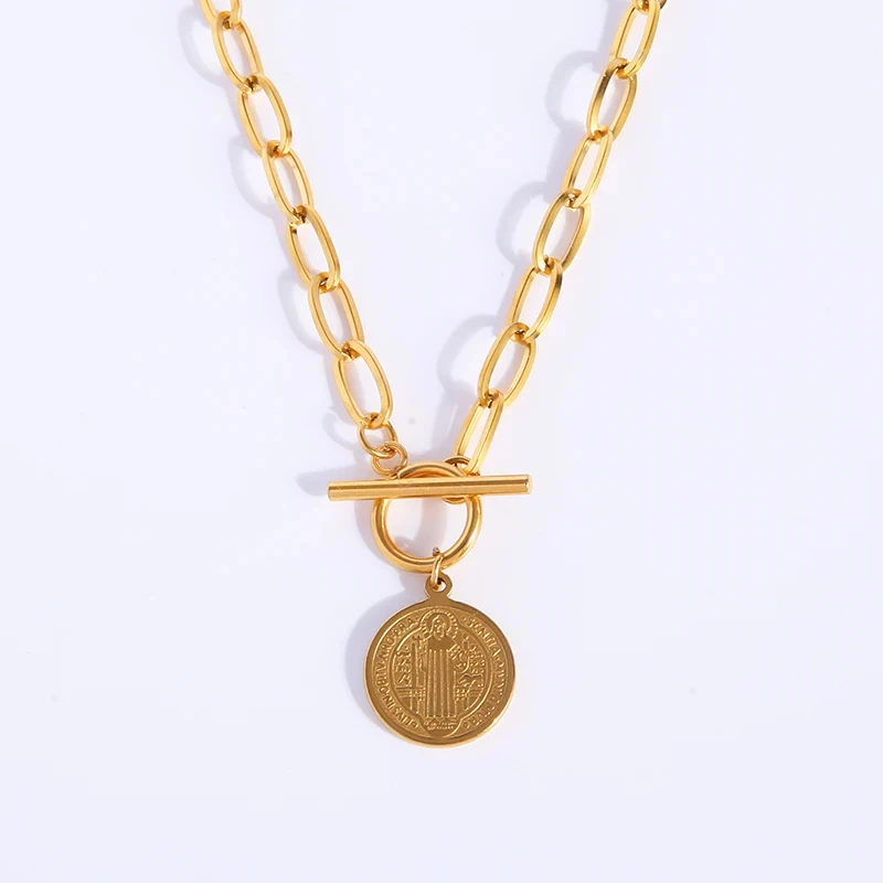 Gold Color San Benito Necklace For Women Stainless Steel Metal St Benedict Necklaces Toggle Clasp Heavy Duty Chain Long Choker