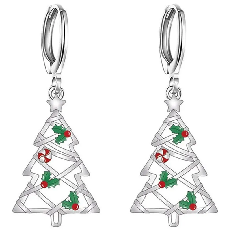 Huitan Damen-Ohrringe in Silberfarbe mit hohlem Weihnachtsbaum-Motiv, rot-grüner Emaille, Weihnachtsfest, Feiertags-Par-Schmuck, Geschenk für Damen