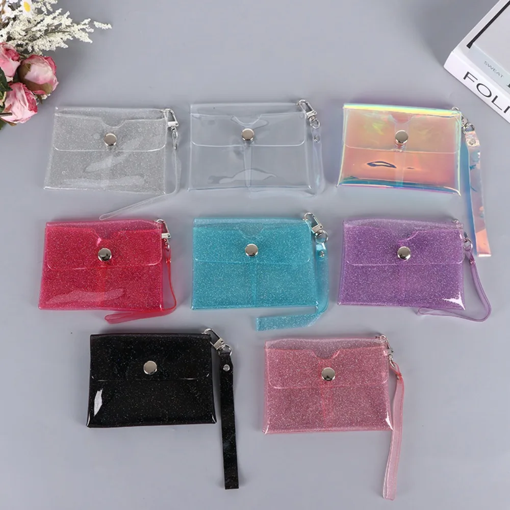Portable PVC Coin Purse Transparent Double-layer Lipstick Storage Bag Colorful with Wrist Strap Earphone Storage Bag