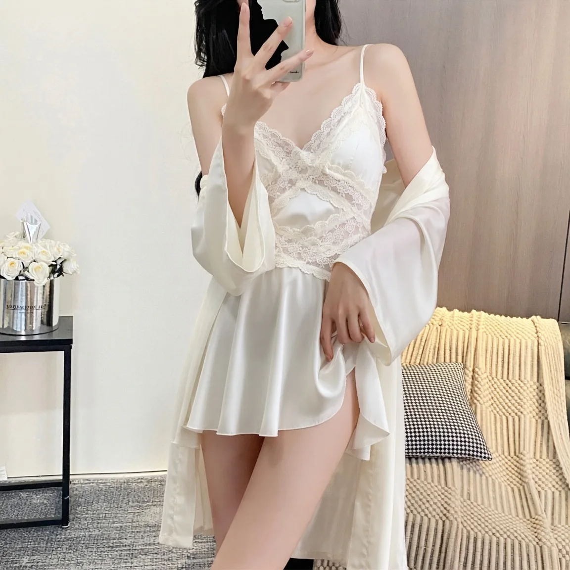 Sexy Lace Hollow out Strap Silk Two Piece Set Morning Robe Outer Silk Home Clothes Sleepwear Women's Satin Home Clothes
