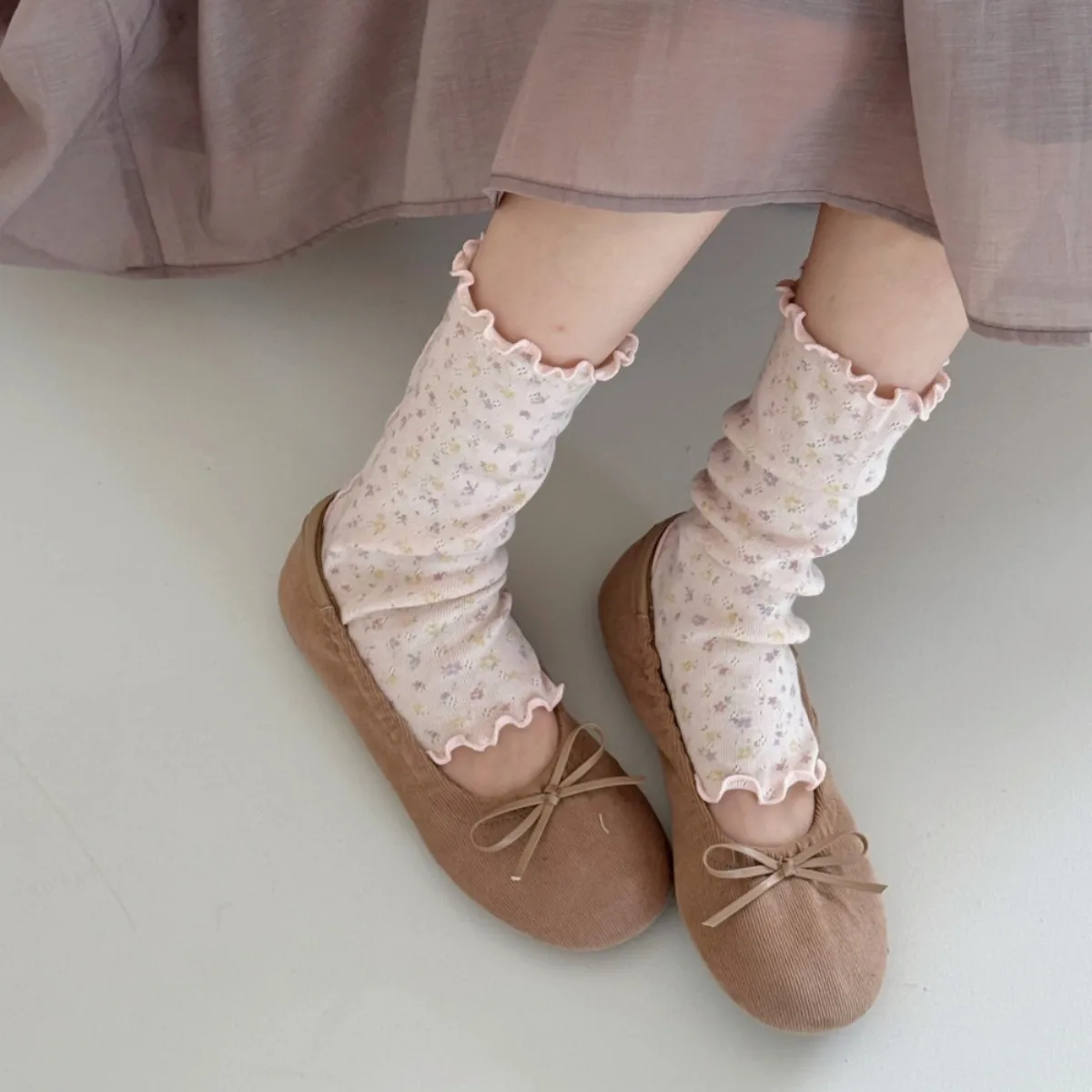Japanese Fresh Retro Floral Print Slouch Socks Autumn Ballet Style Ruffle Trim Ins Foot Exposed Socks Dating Daily Commute Socks