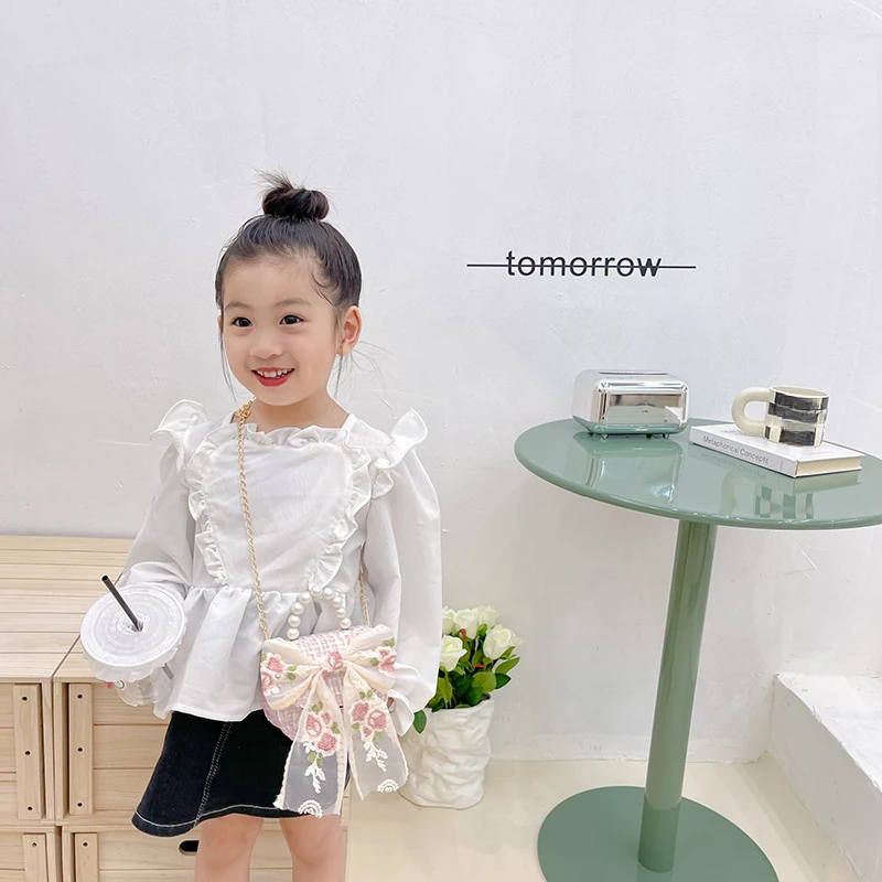 Lace Embroidery Flower Baby Girls Shoulder Bags Lovely Floral Children's Crossbody Bag Sweet Princess Pearl Handle Handbags