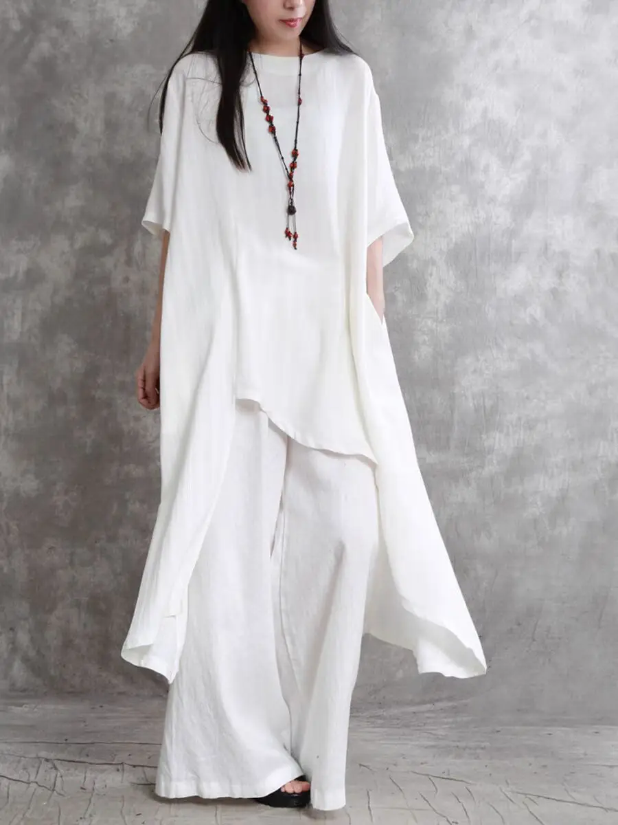 Conjunto de 2 piezas de lino y algodón holgado de talla grande para mujer, pantalón corto informal de manga corta con cuello redondo, camisa Irregular, Tops y pantalones, trajes femeninos N909