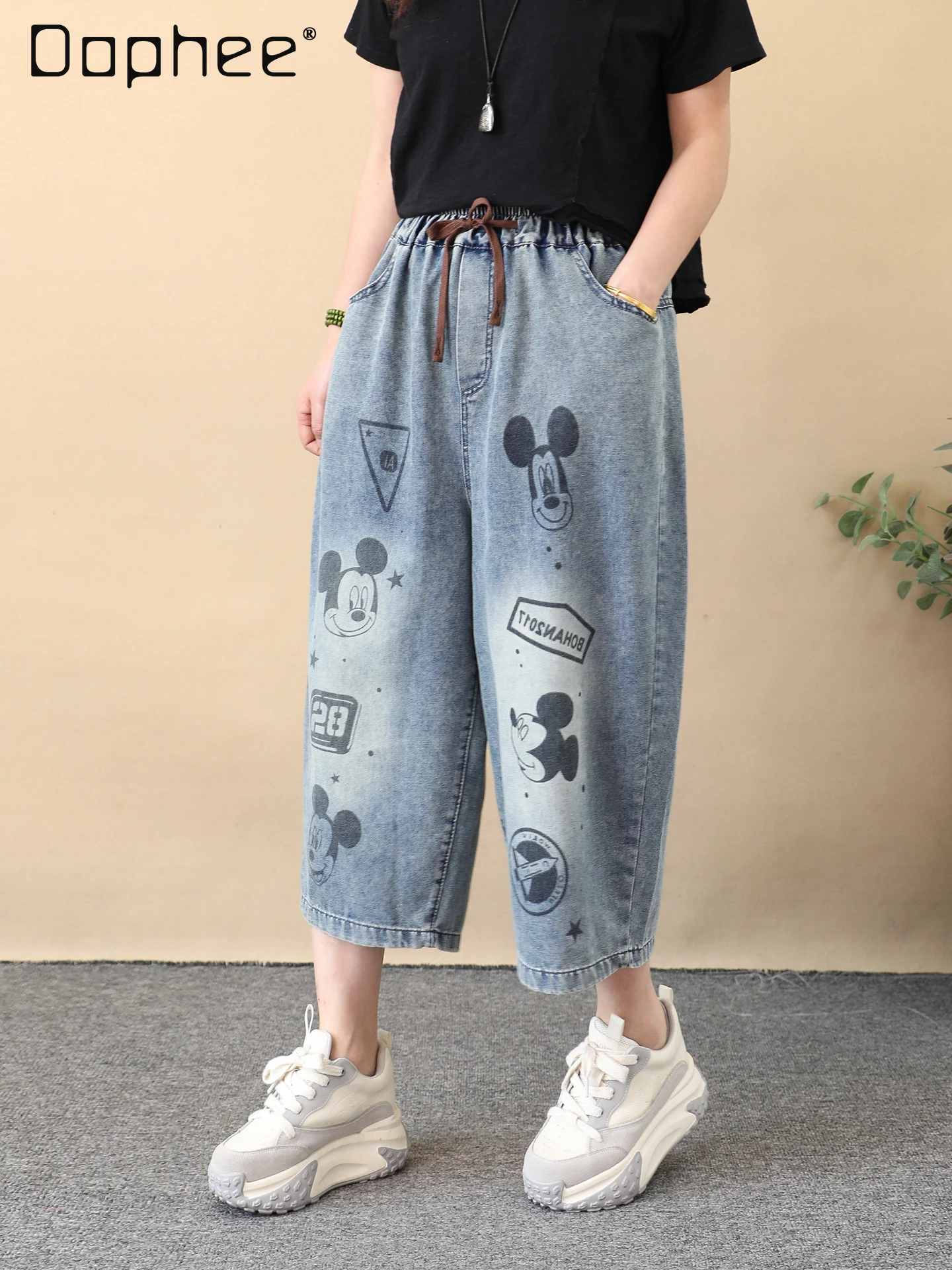 

Retro Polished White Cartoon Print Jeans Women's Loose Straight Eight-point Harlan Pants Thin Summer Pants Jeans Woman