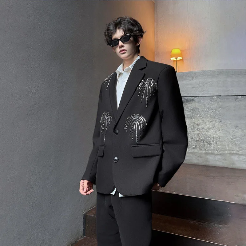 WTHT Fashion Men's Spliced Metal Rivets Design Blazer Coats Trendy Turn Down Collar Long Sleeves Jackets Male 2025 Autumn 2A2048