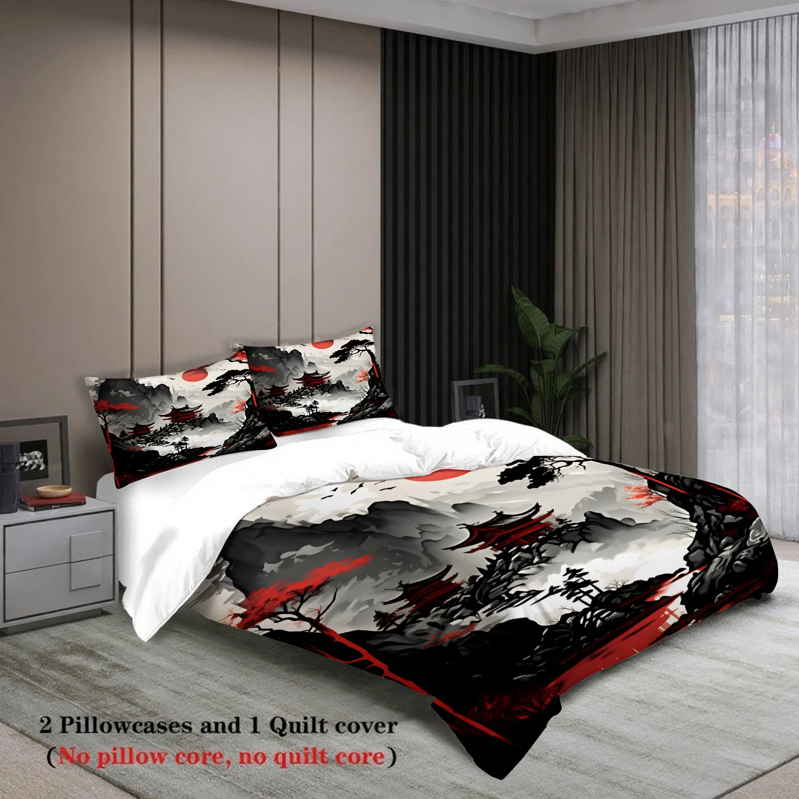 3pcs Japanese Landscape Bedding Sets 3D Printed Mountain Temple And Red Sun Duvet Cover Sets With Pillowcases No Filling