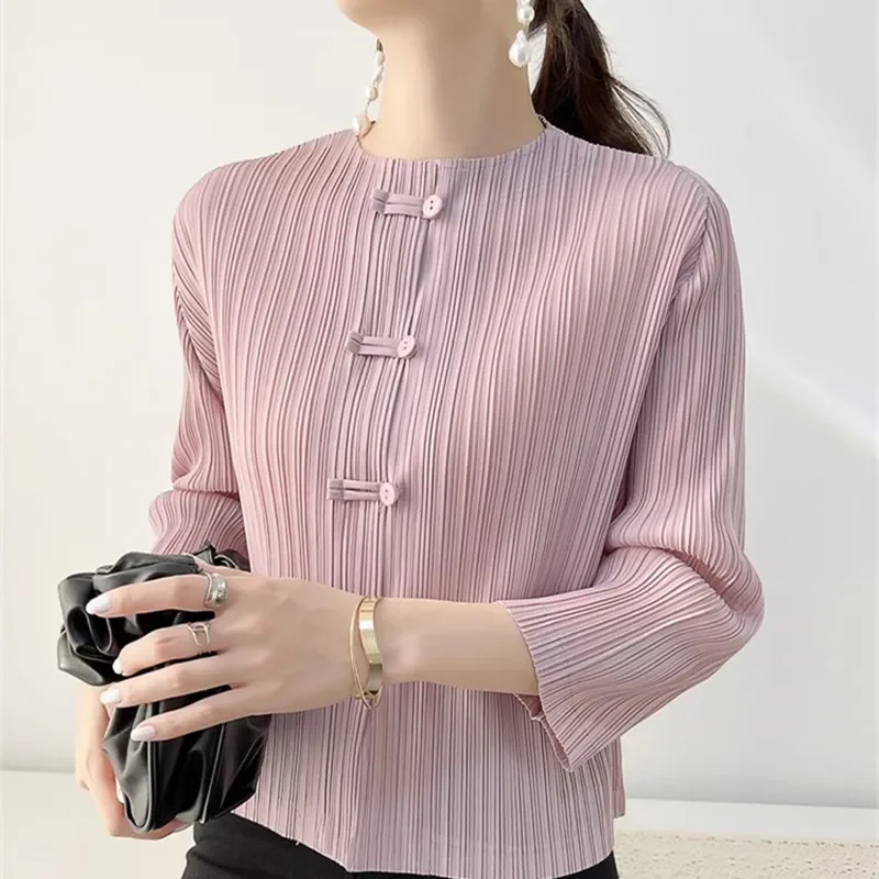 GGHK Miyake Pleated Ladies Classy Thin Jacket Pure Color Round Neck Casual Retro Design Long Sleeve Tops Autumn Fashion Women