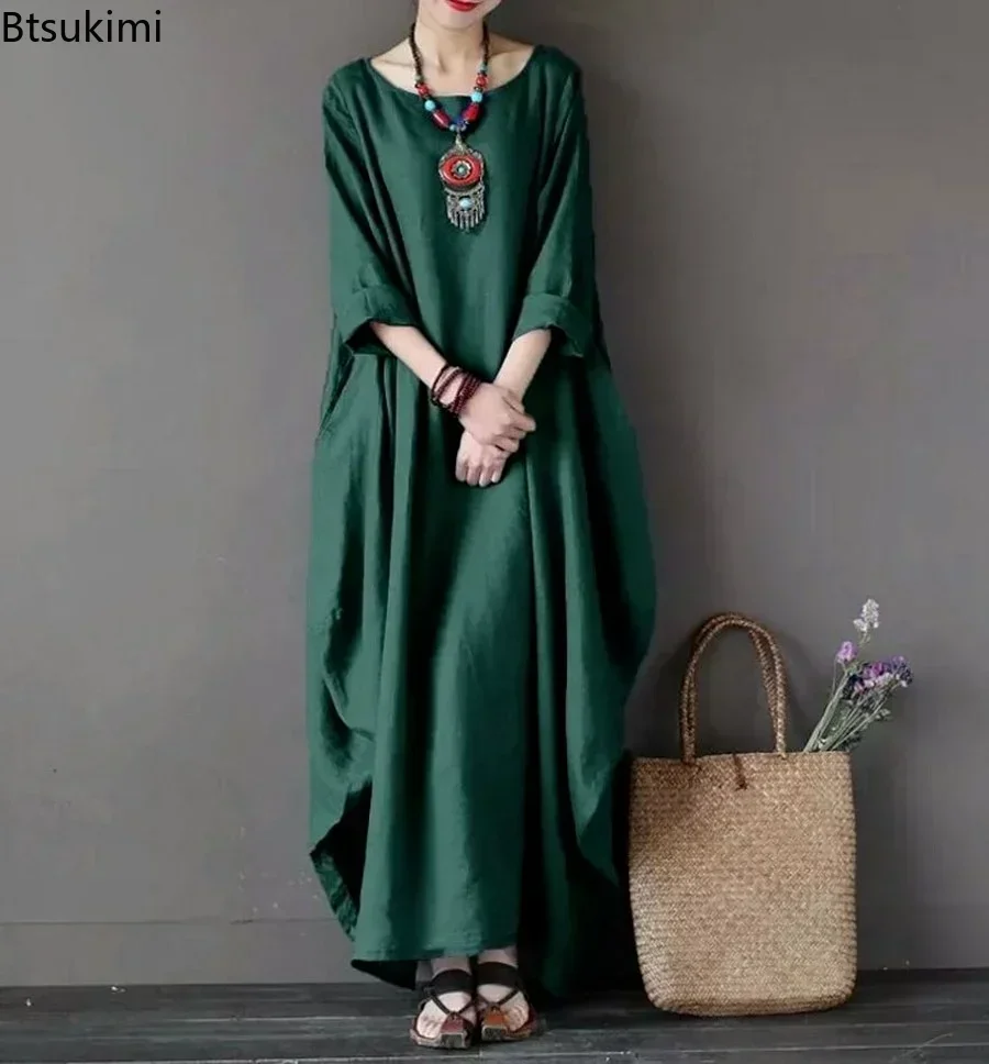 2024 Women\'s Casual Cotton Linen Dress Oversized Solid Loose Ankle Length Elegant Long Dress Female Half Sleeve Vestidos S-5XL