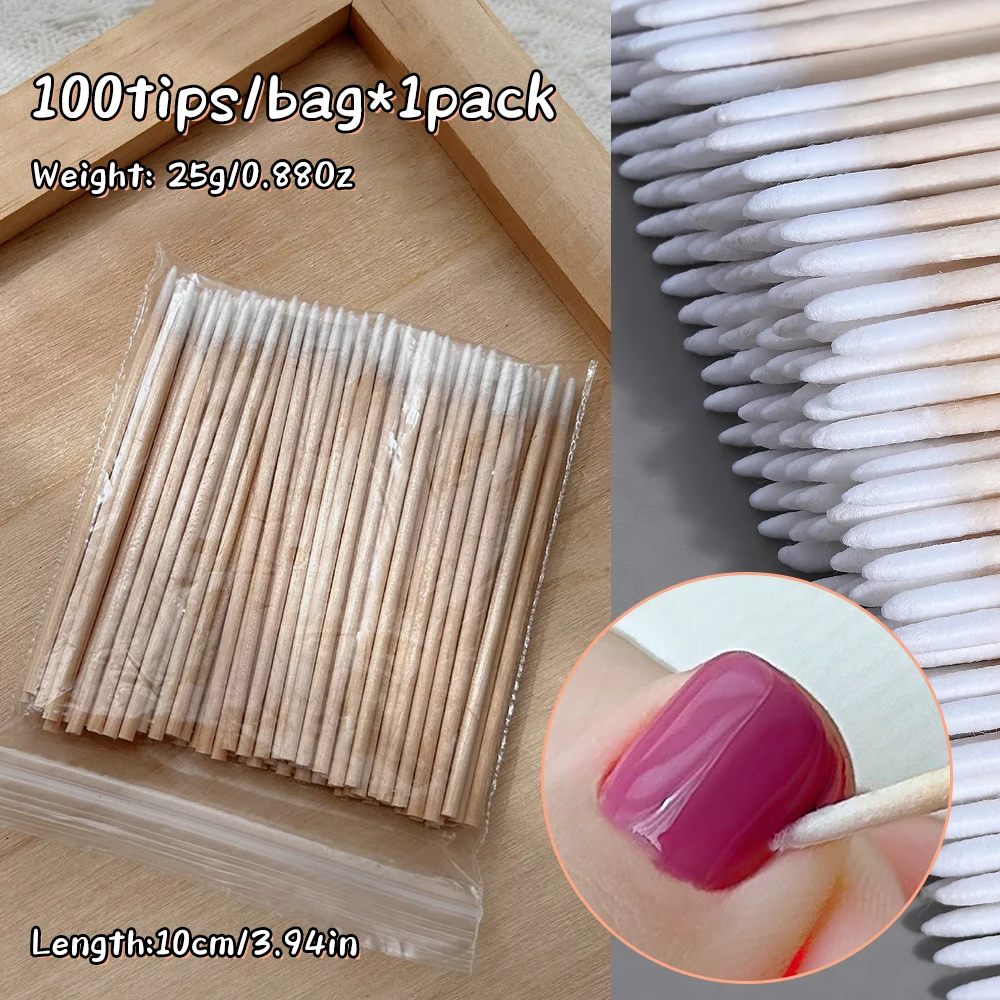 100Pcs/Bag Nails Wood Swab Clean Sticks Bud Tip Wooden Cotton Head Manicure Detail Corrector Nail Polish Remover Art Tool 10CM