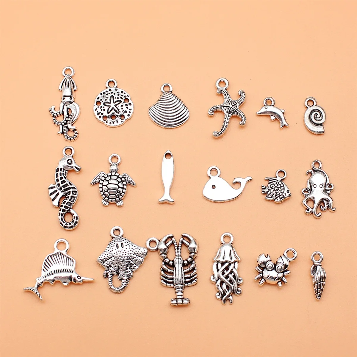 18pcs Sea Animals Seashell Starfish Seahorse Turtle Whale Octopus Jellyfish Crab Charms Collection, 18 Styles, 1 of Each