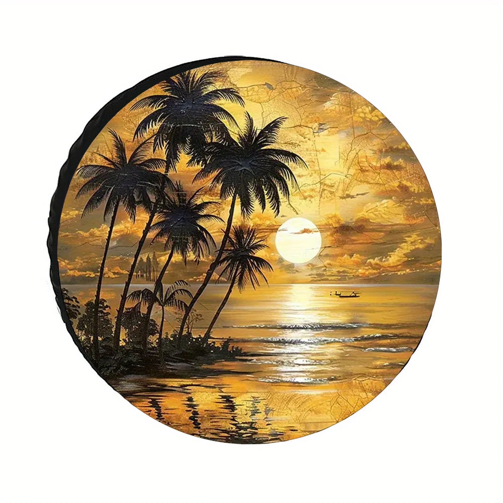 Golden Sunset Beach Palm Tree Tire Cover Polyester Spare Wheel Protector for SUV Truck Trailer