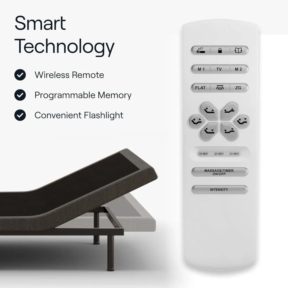 قاعدة قابلة للتعديل، مائل للقدم، جهاز تحكم عن بعد لاسلكي مع ذاكرة، 3 إعدادات للتدليك - 4 منافذ USB، قواعد سرير
