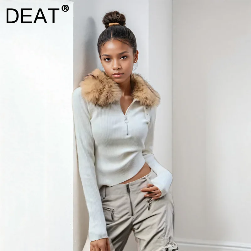 DEAT 2024 Winter Nieuwe Mode vrouwen Patchwork Faux Bontkraag Gebreide Truien Rits Casual Trui Vrouwelijke Trend 11A02024