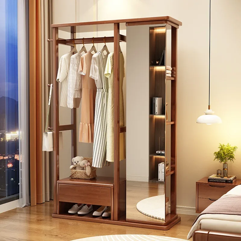 

Solid wood coat rack with full-length mirror rotatable household bedroom fitting mirror hanger integrated locker rack