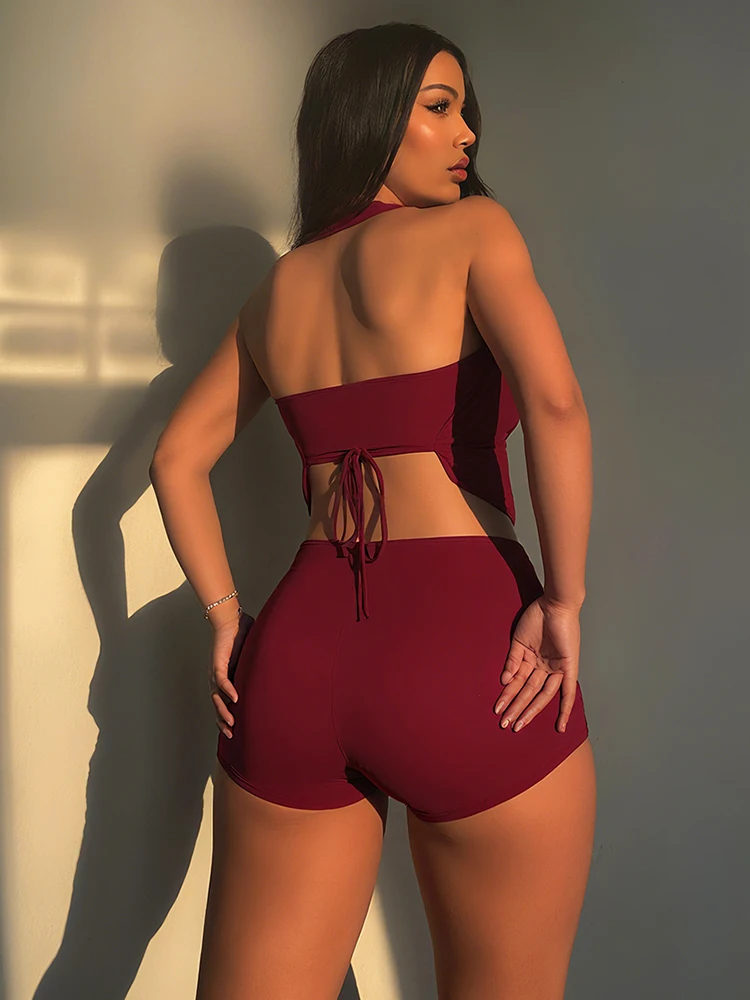 Cutenew حفلة منتصف الليل 2 قطعة مجموعة حلقات معدنية غير منتظمة أنبوب القمم + الرسن ضمادة سوينغ طوق عارية الذراعين Playsuit مطابقة دعوى