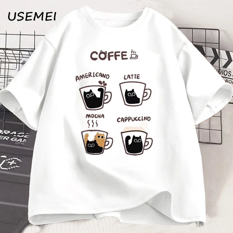Cartoon Coffee Cat T-Shirts Men Women Summer Harajuku Kawaii Cat Printed Short Sleeve Tees Funny Streetwear Loose Clothes