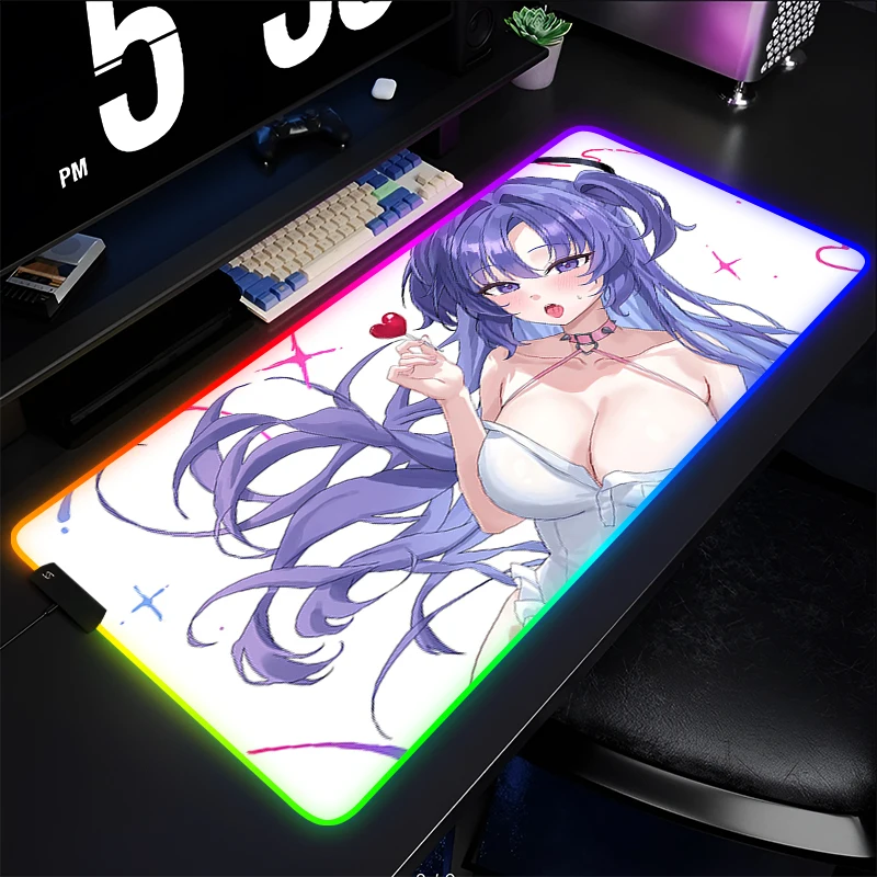RGB Mouse Pad Blue Archive Gamer Extended Desk Mat LED Computer Anime Girl Yuuka Keyboard Pad Gaming Accessories Kawaii Mousepad