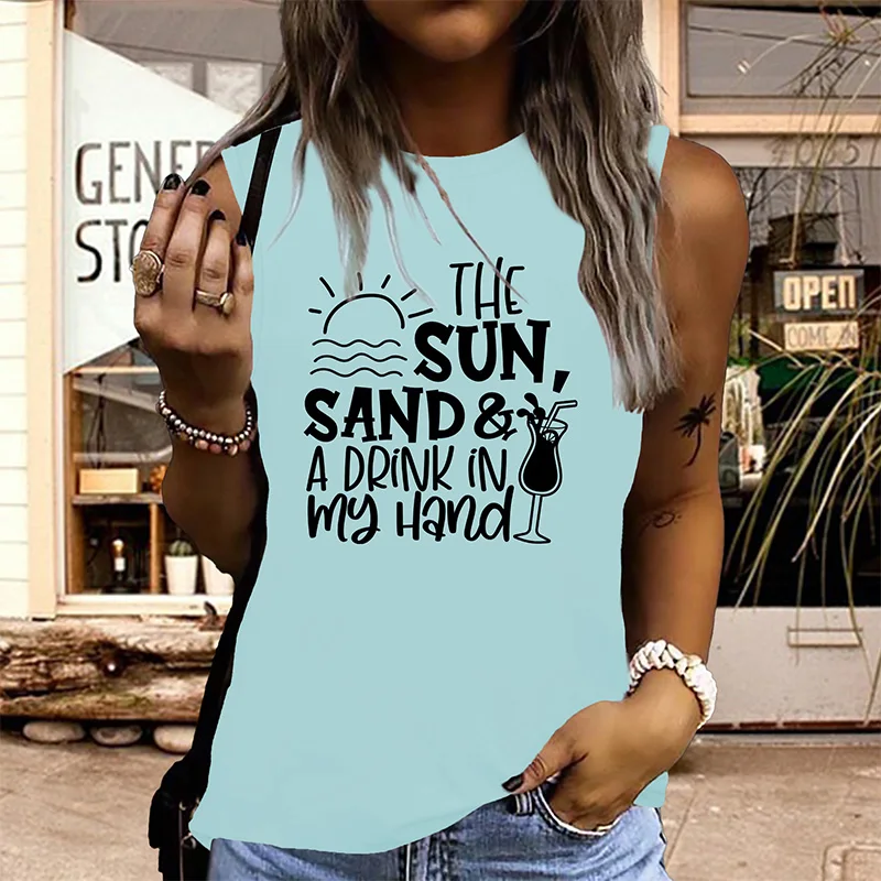 

The Sun, Sand and a Drink in My Hand Print Women's Fashion Sports Tank Tops Summer Running Vest Gym Clothing Casual Singlets