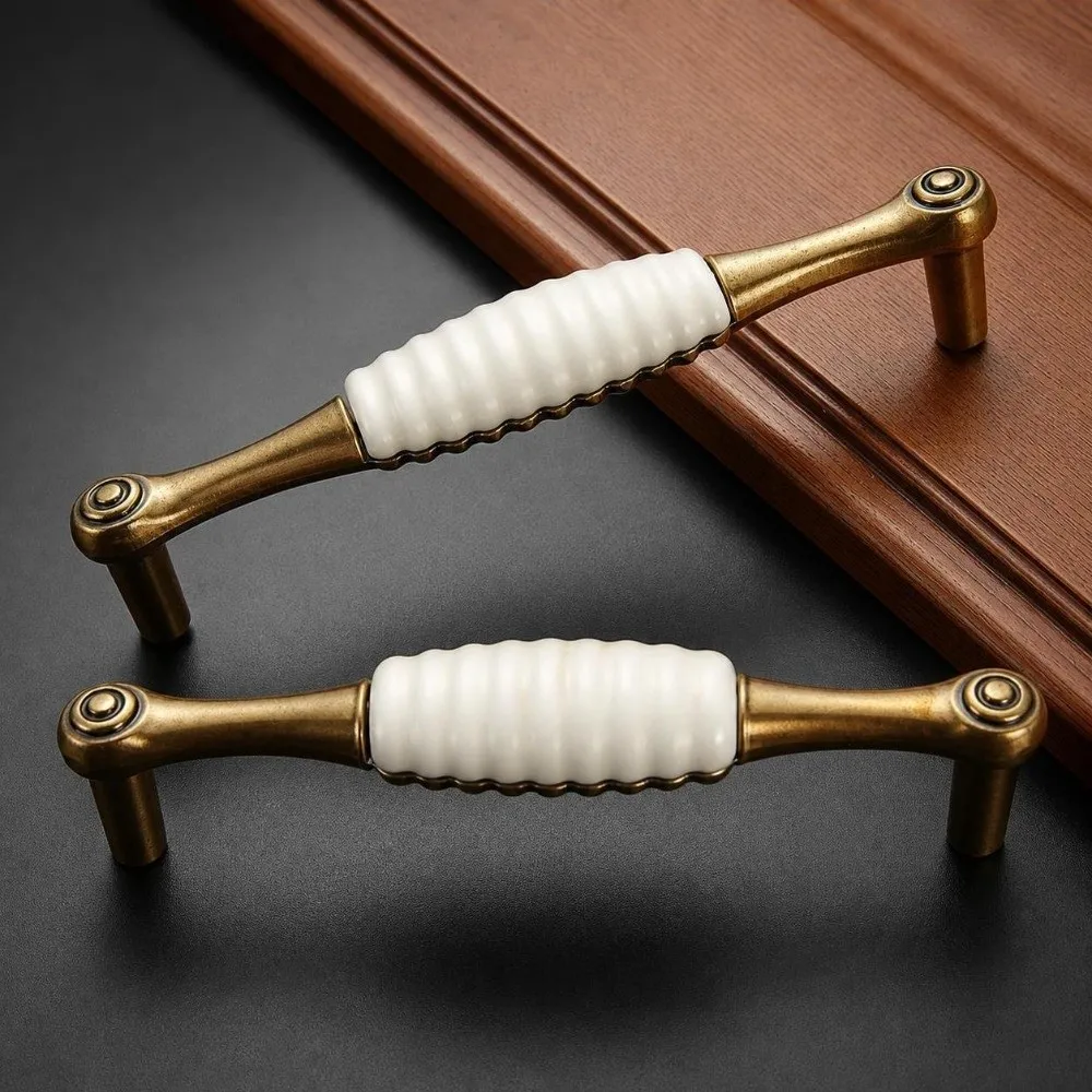 Zinc Alloy Ceramic Cabinet Pulls Antique Gold Retro Vintage Drawer Handles Sturdy European Style Antique Dresser Knobs Furniture