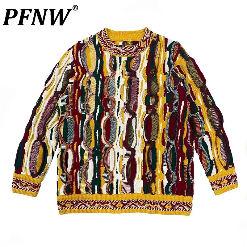 PFNW Niche Design Men's Sweaters Patchwork Three-dimensional Contrast Color Round Collar Male Clothing New Autumn Trend 12Z1644