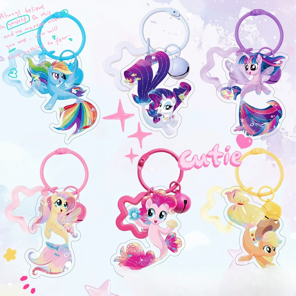 Cartoon My Little Pony Keychain Kawaii Acrylic Fluttershy Twilight Sparkle Rainbow Dash Pendant with Bell Anime Backpack Pendant