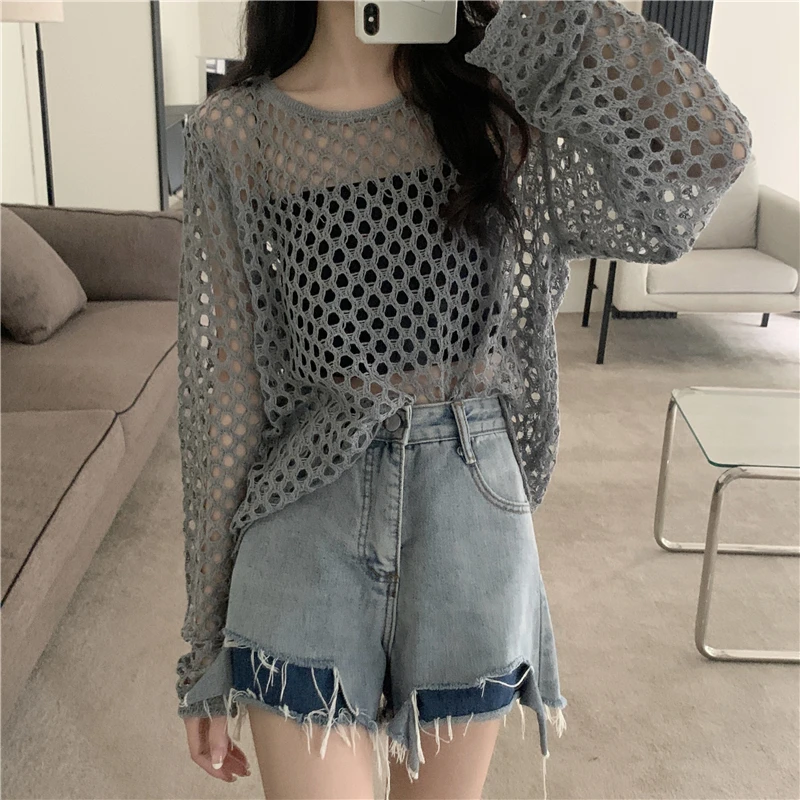 Pullovers Women Hollow Out Loose Fashion Thin Summer Sun-proof Sexy Cool Streetwear Club Girlish Korean Style Casual All-match