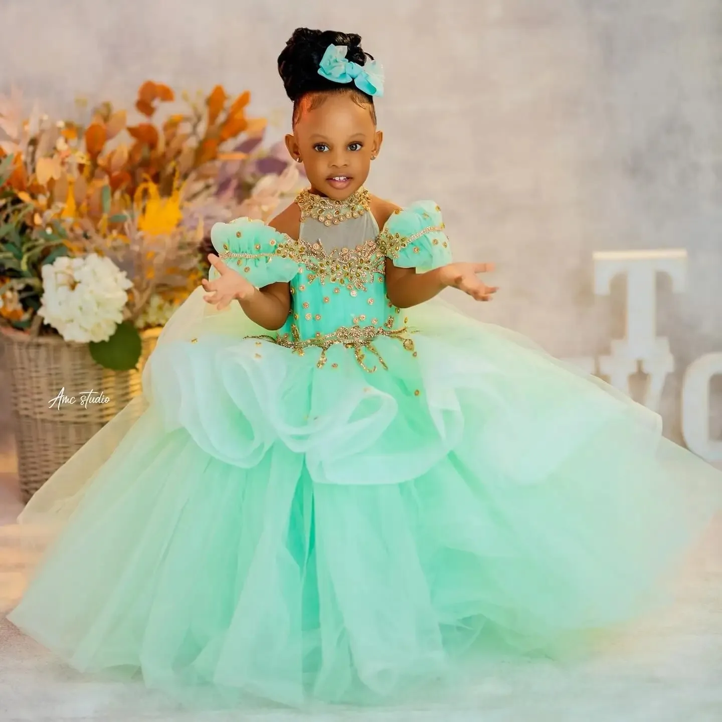 

Green Flower Girl Dresses for Wedding Lace Appliques Floor Length Girl Gown for Photoshoot First Communion Gowns Customized