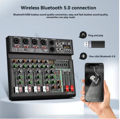 AU4 Channel 256DSP Effect Audio Mixer with 48V Phantom Power USB Bluetooth DJ Console for PC Karaoke Sound Mixing Four-way Mixer