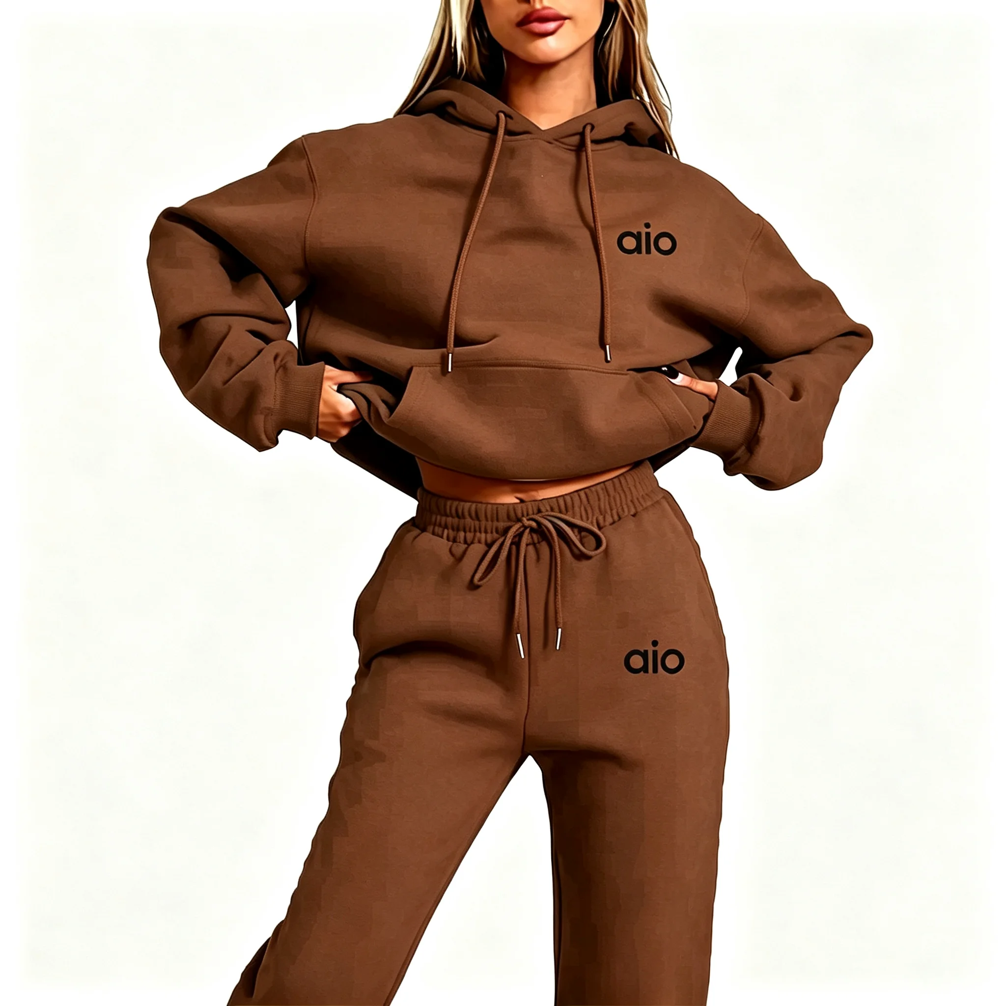 2026 AI-Druck Hochwertiges Damen-Monochrom-Kapuzen-Hoodie-Set Lässiges Zweiteiler-Set Neue Mode Heißer Trainingsanzug mit Jogginghose – Detail 4