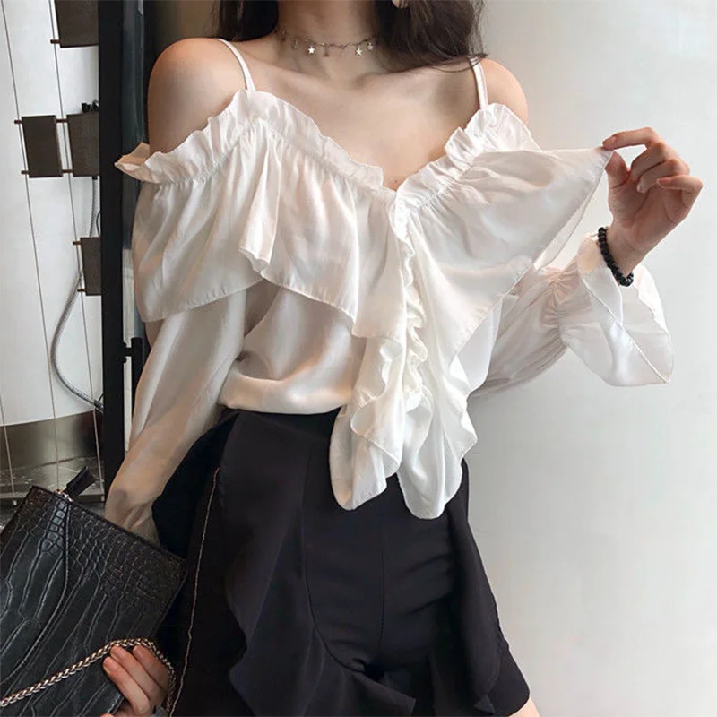 Off Shoulder Blouses Women Casual Ruffles Sexy Flare Sleeve Elegant Shirt Solid Party Design Office Ladies Loose Fashion Tops