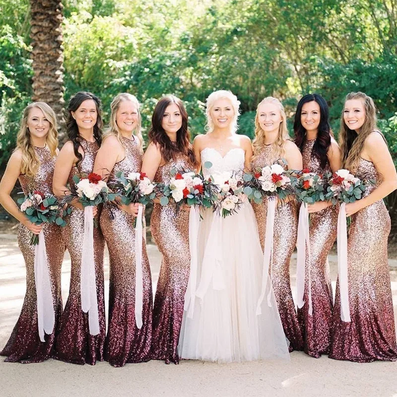 

Sequins Rose Gold Purple Gold Mermaid Bridesmaid Dresses Sleeveless Wedding Guest Party Dress