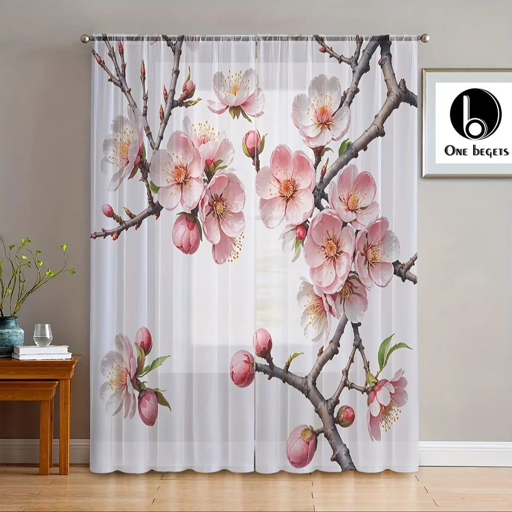 2pcs Pink Peach Blossom Plum Pattern Sheer Voile Curtains Rod Pockets Decorative Curtains For Bedroom Living Room Home Decor