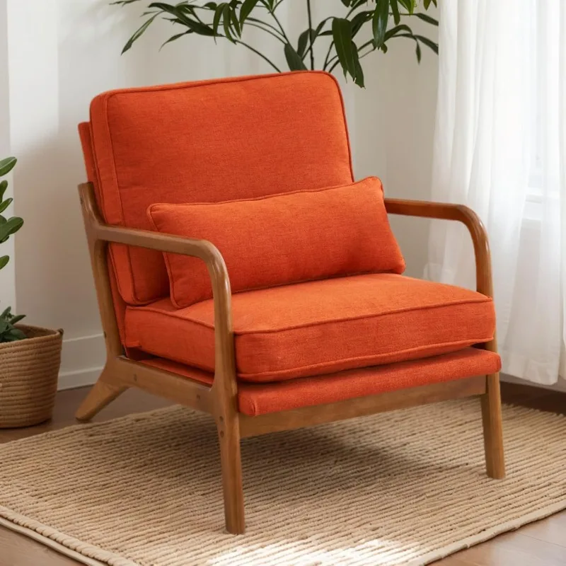 Accent Chair Mid-Century Modern Chair with Pillow Upholstered Lounge Arm Chair with Solid Wood Frame & Soft Cushion