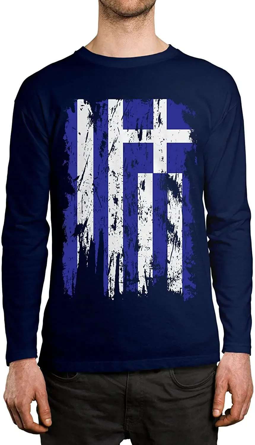 Distressed Greece Flag Men's Long Sleeve Shirt Full Casual 100% Cotton Harajuku  Men Tshirt