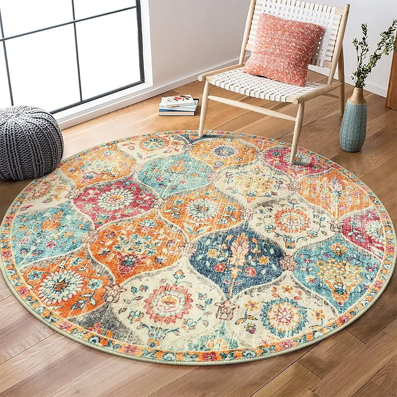 Retro Persian-Style Round Rug – Washable Aged Look Floor Mat for Living Room, Sofa & Study Chair Area
