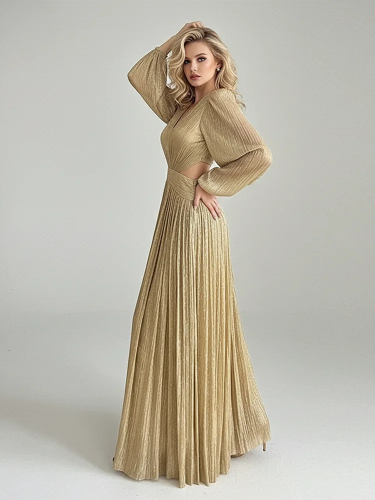 REDDACHiC Ren Fair Gold Glitter Party Dress V-Neck Lantern Sleeve Cut Out Waist Maxi Long Ball Gown Retro Victorian Costume