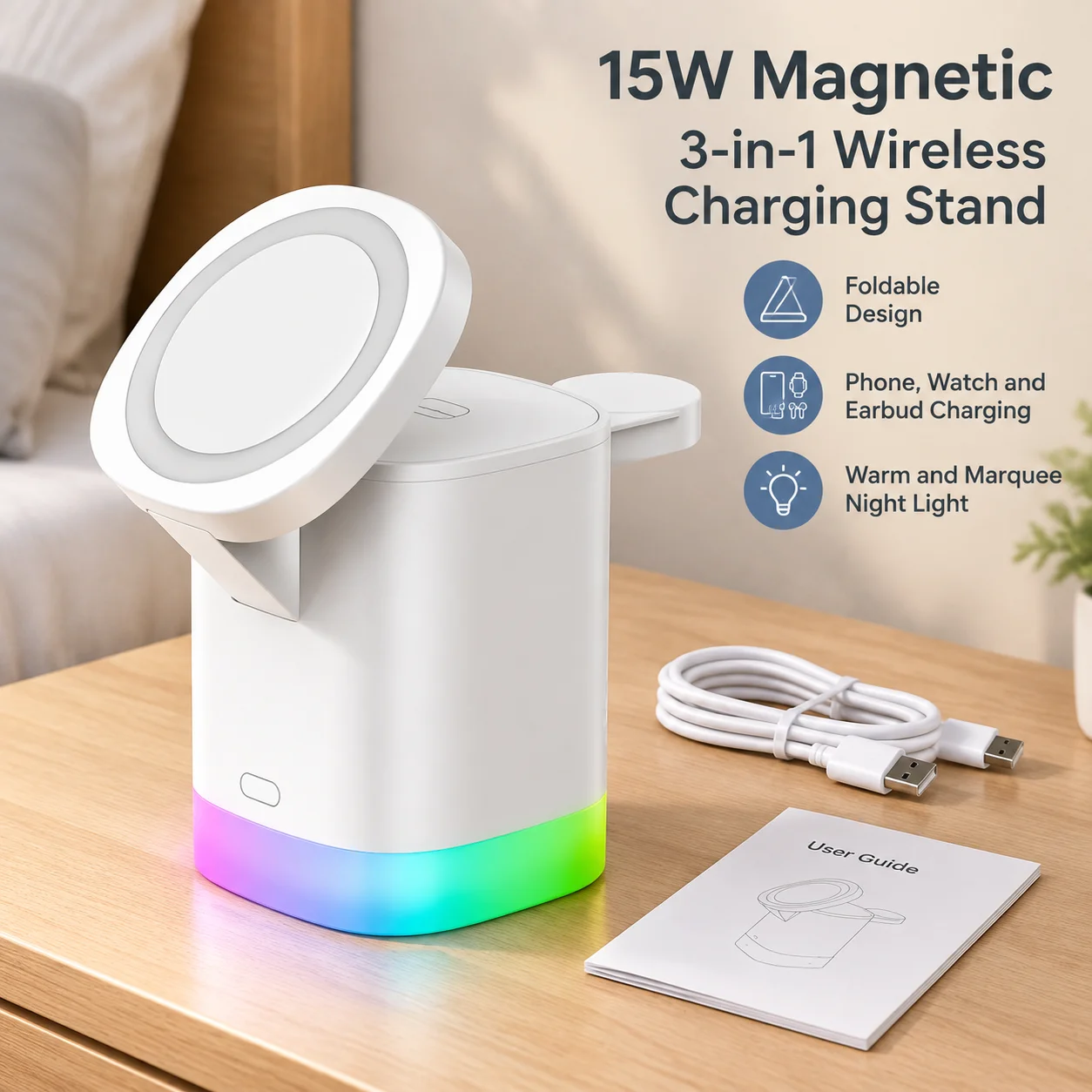 15W Magnetic 3-in-1 Wireless Charging Stand for iPhone 17 Pro Max/17 Pro/17/17e, iPhone Air, Apple Watch Series 11/Ultra 3/SE 3 and AirPods Pro 3/4 ANC, Foldable Design, Warm and Marquee Night Light, USB-C Input