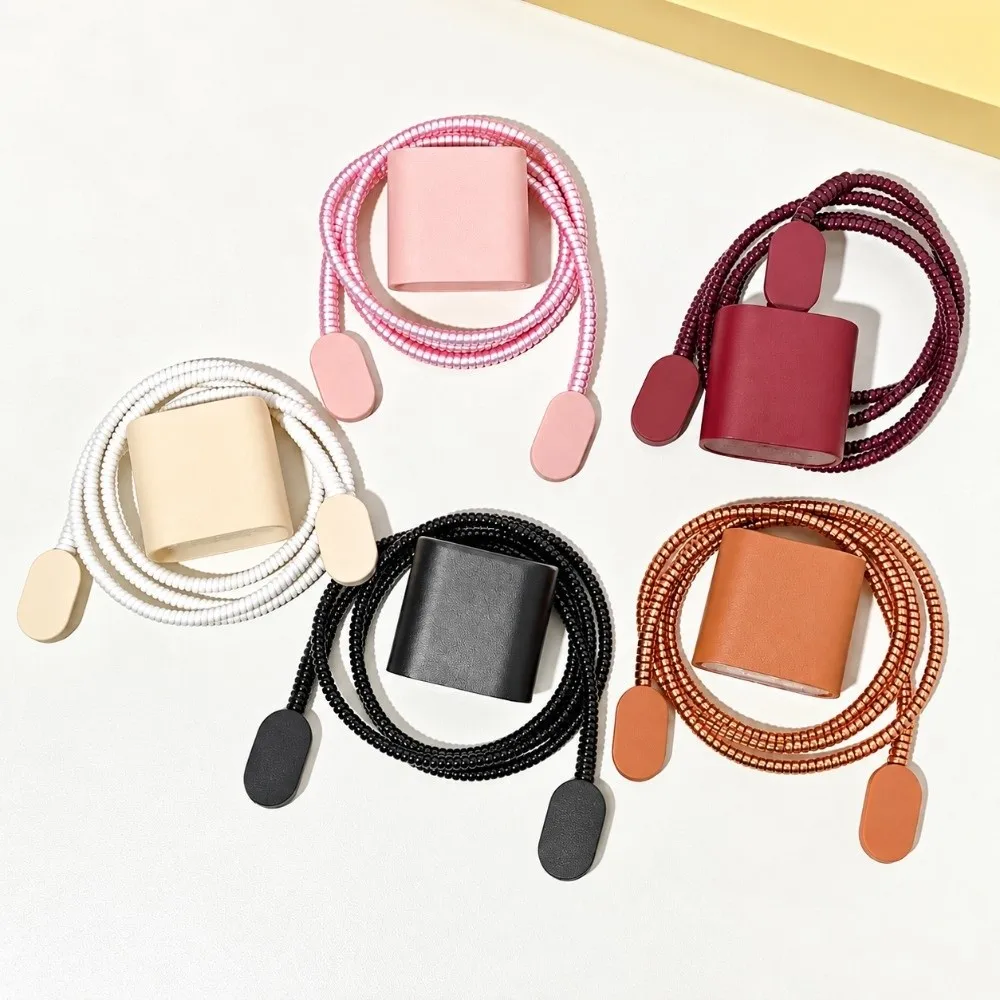 5Pcs/Set Portable Charger Protector Lychee Pattern Faux Leather Charger Protective Case Solid Color for iPhone 18/20W