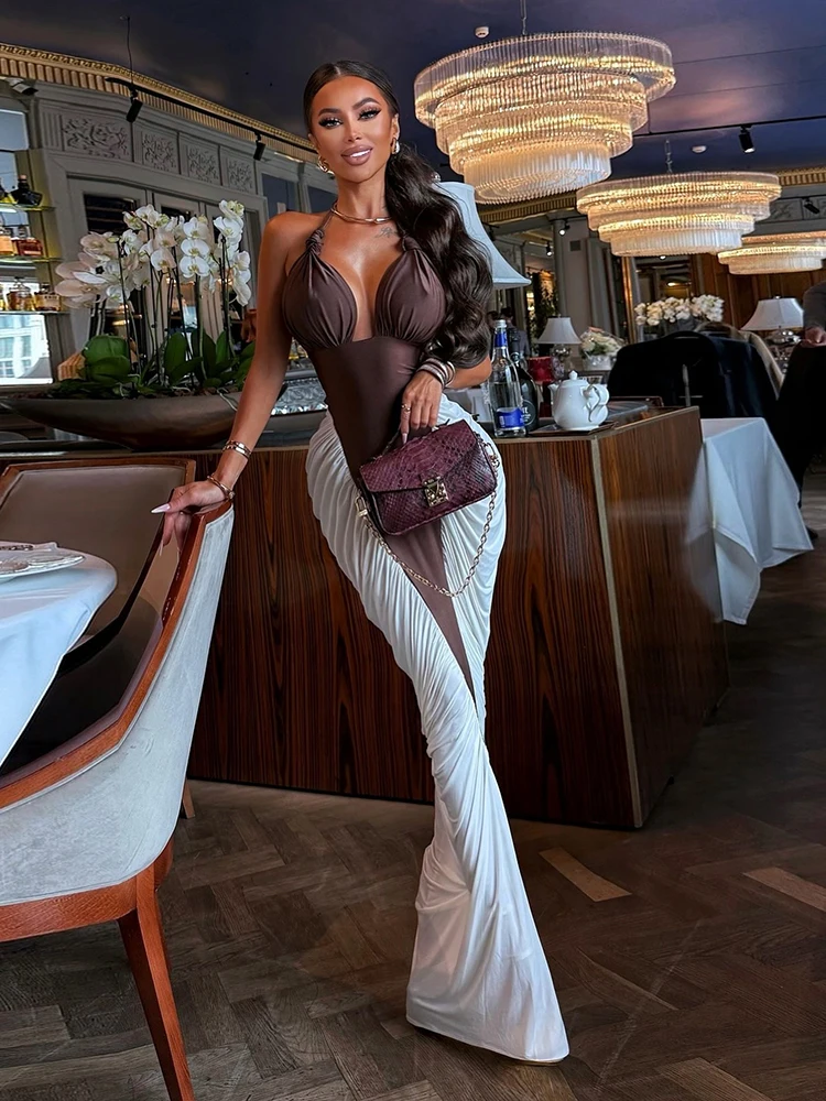 Vestido largo elegante fruncido con cuello bajo y espalda descubierta para mujer, vestido clásico de fiesta para banquete de medianoche, vestido largo elegante con cuello Halter