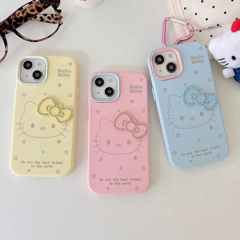 

Kawaii Stars Hello Kitty Candy Color Phone Case For iPhone 14 15 16 Pro Max 13 ins 3D Glitter Bow Shockproof Protective Cover