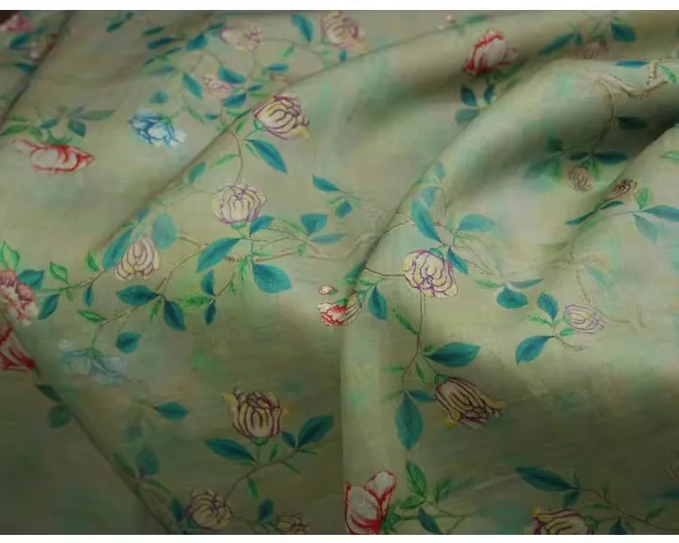 

1yard Light gray bottom vine flower print tissu high-end ramie fabric dress shirt bag cheongsam fabric for clothing
