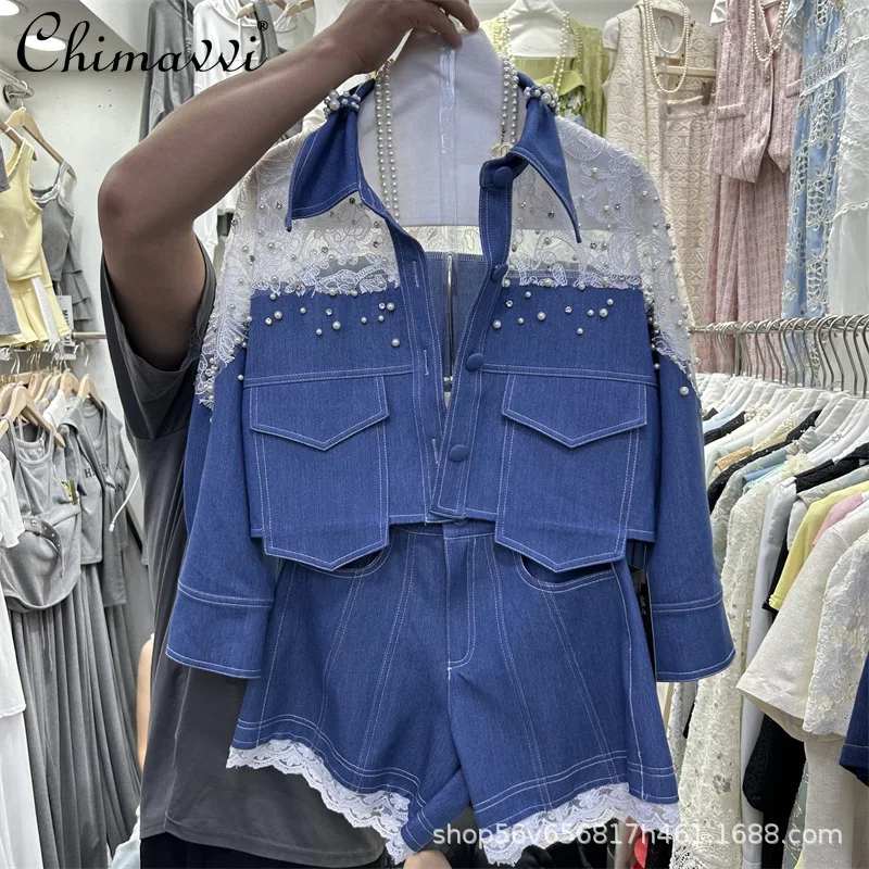 

Summer Heavy Industry Beaded Mesh Splicing Denim Shirt with Wide-leg Shorts Two-piece Set For Women