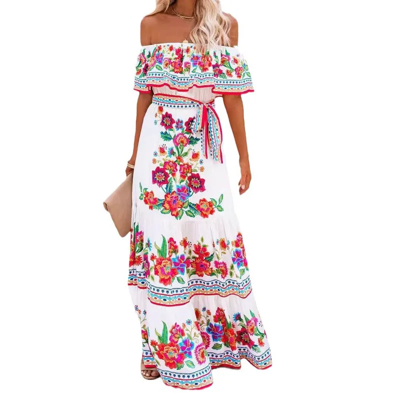 

JY 2024 Spring/Summer New Single Shoulder Red Flower Print Off Shoulder Waist Lace up Long and Elegant Women's Dress