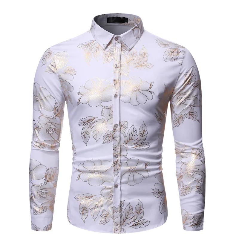 

White Bronzing Floral Print Shirt Men Camisa Masculina 2024 Brand Slim Fit Long Sleeve Mens Dress Shirts Party Casual Shirt Male