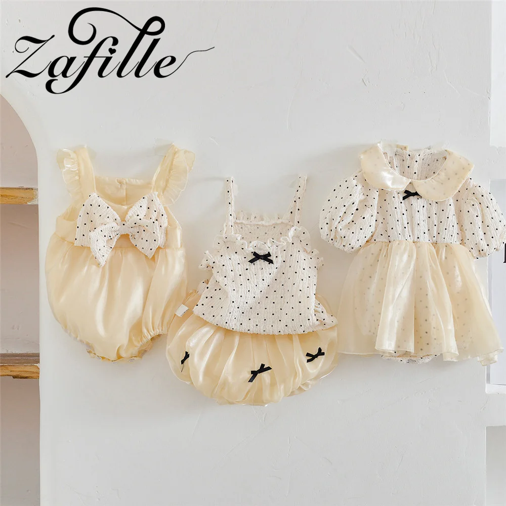 

ZAFILLE Sister Outfits Dots Printed Baby Girls Romper Twilight Yarn Bow Kids Newborn Clothing Summer Toddler Party Costume Suits