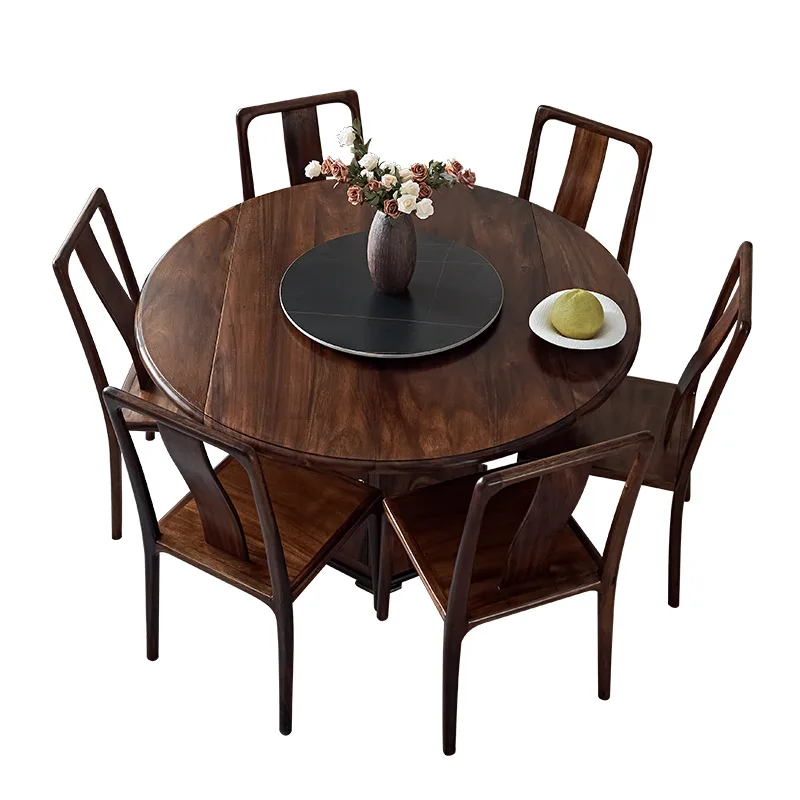 LMM Chinese retro solid wood dining table and chair combination high-end retractable walnut dual-purpose