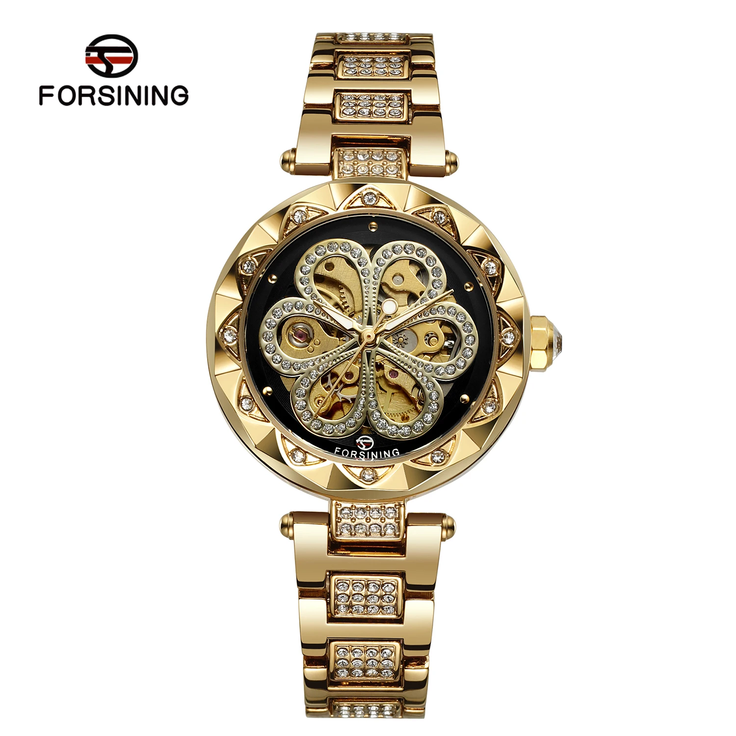 Forsining Skeleton Watch for Women Fashion Classics Diamond Automatic Mechanical Watches Luminous Hands Stainless Steel Strap