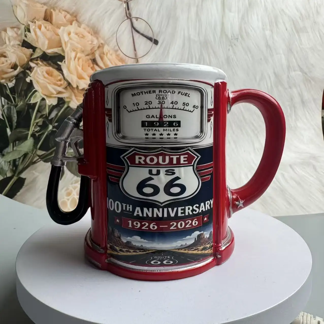 Route 66 Gas Pump Mug Resin Coffee Cup with Stainless Steel Inner Liner Retro Car Theme Novelty Drinkware Home Bar Decor Gift