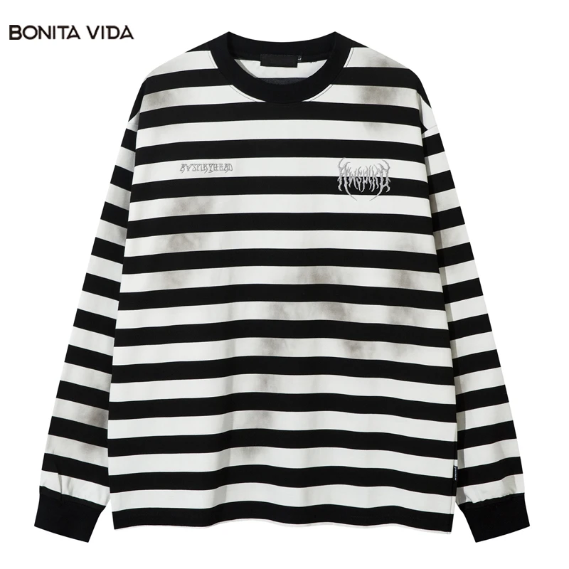 

Oversized Loose Stripe Long Sleve Tshirt Men 2024 Autumn Fashion Hip Hop Harajuku Style Casual Unisex Tshirts Tees Streetwear